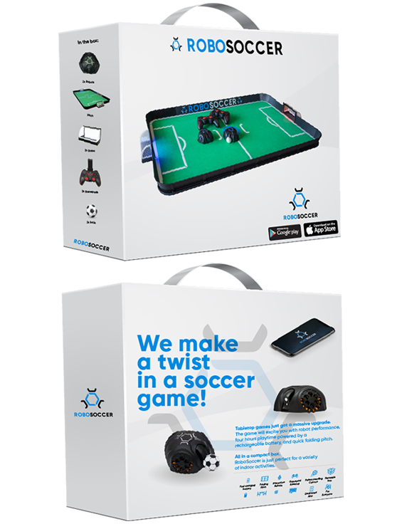 RoboSoccer retail box — fold-up arena, two robot players, gamepads, and app